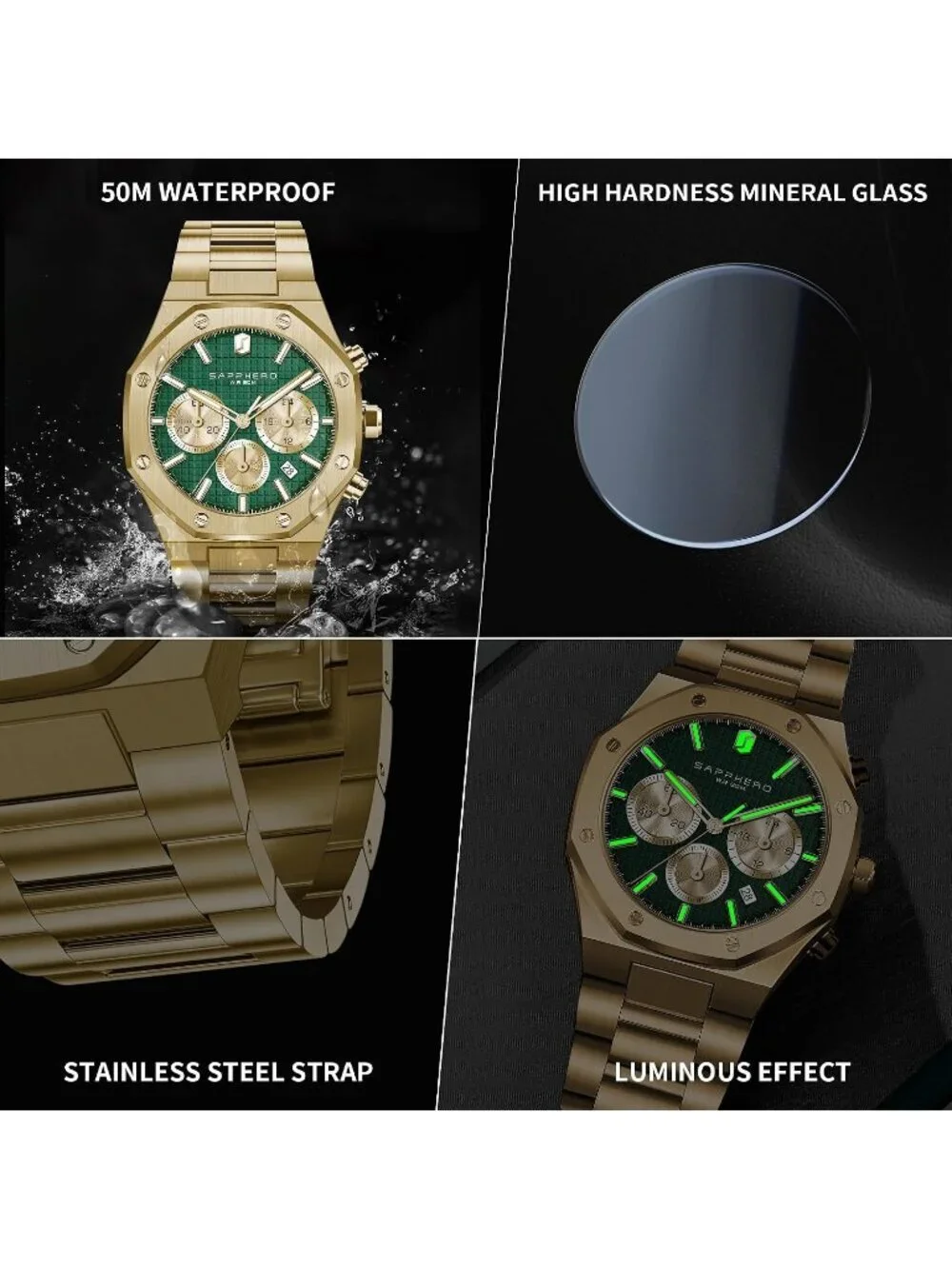 Men's Gold Green Chronograph Quartz Movement Stainless Steel Luxury Wrist Watch